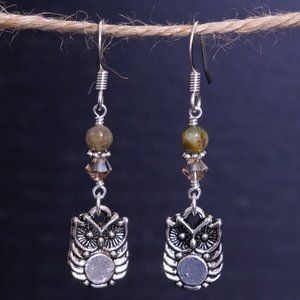 Handmade Tourmaline & Pewter Owl Charm Earrings